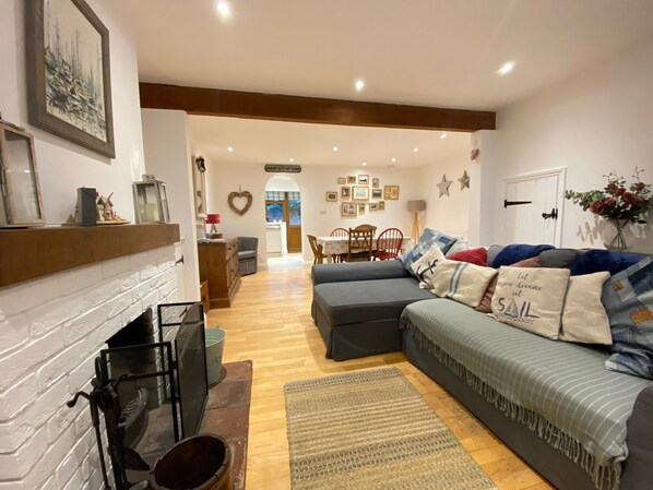 テレビ、暖炉、DVD プレーヤー、書庫