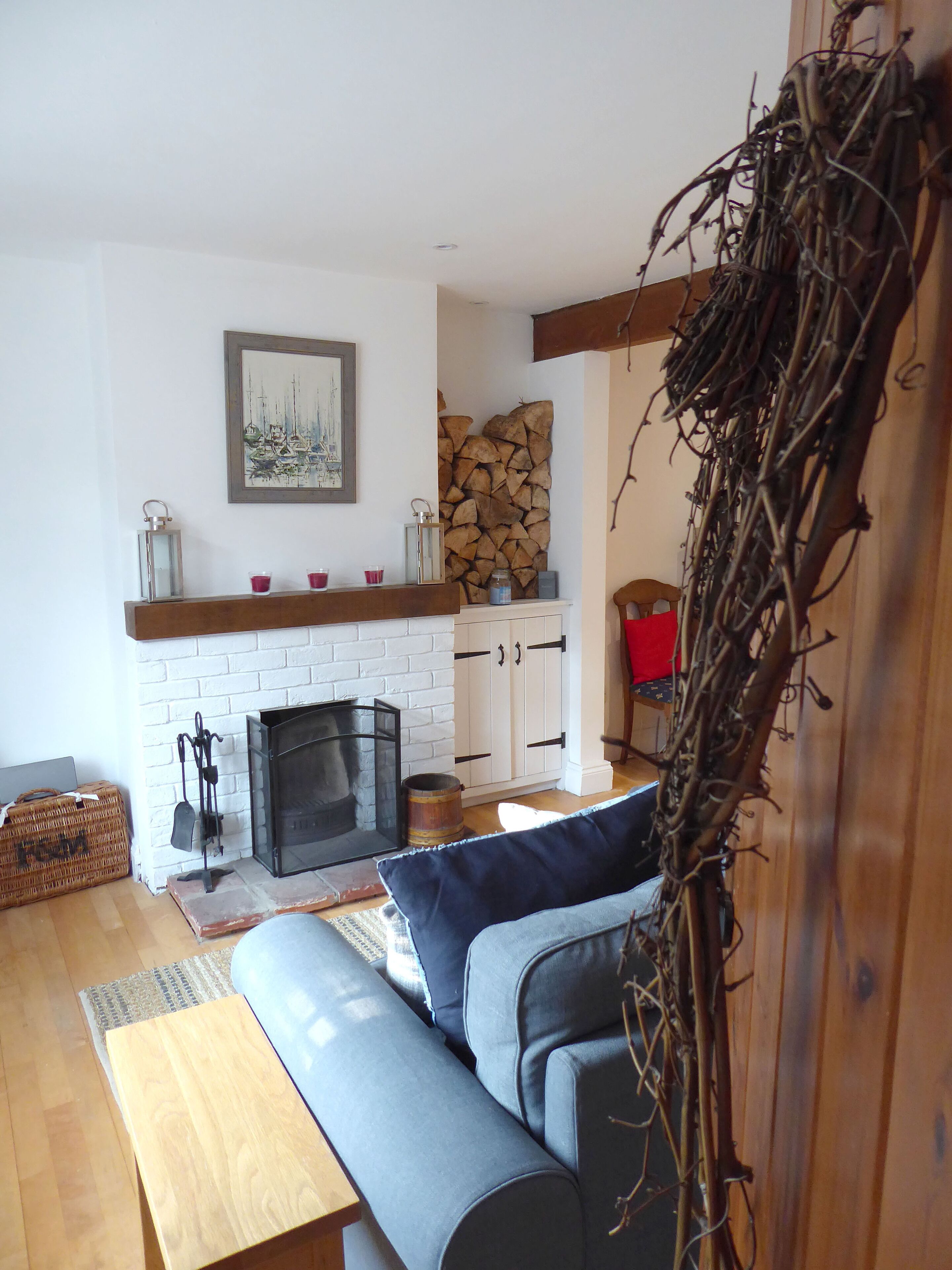 Televisión, chimenea, reproductor de DVD y libros 