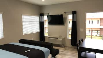 Desk, laptop workspace, blackout curtains, soundproofing