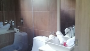 A bathroom with a toilet, sink, and shower. - Nikis place a nice place to be relax at the riviera maya (Playacar)