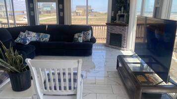 TV, fireplace, DVD player, books