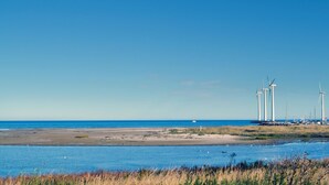 Kustlandschap met windturbines en een zandstrand.