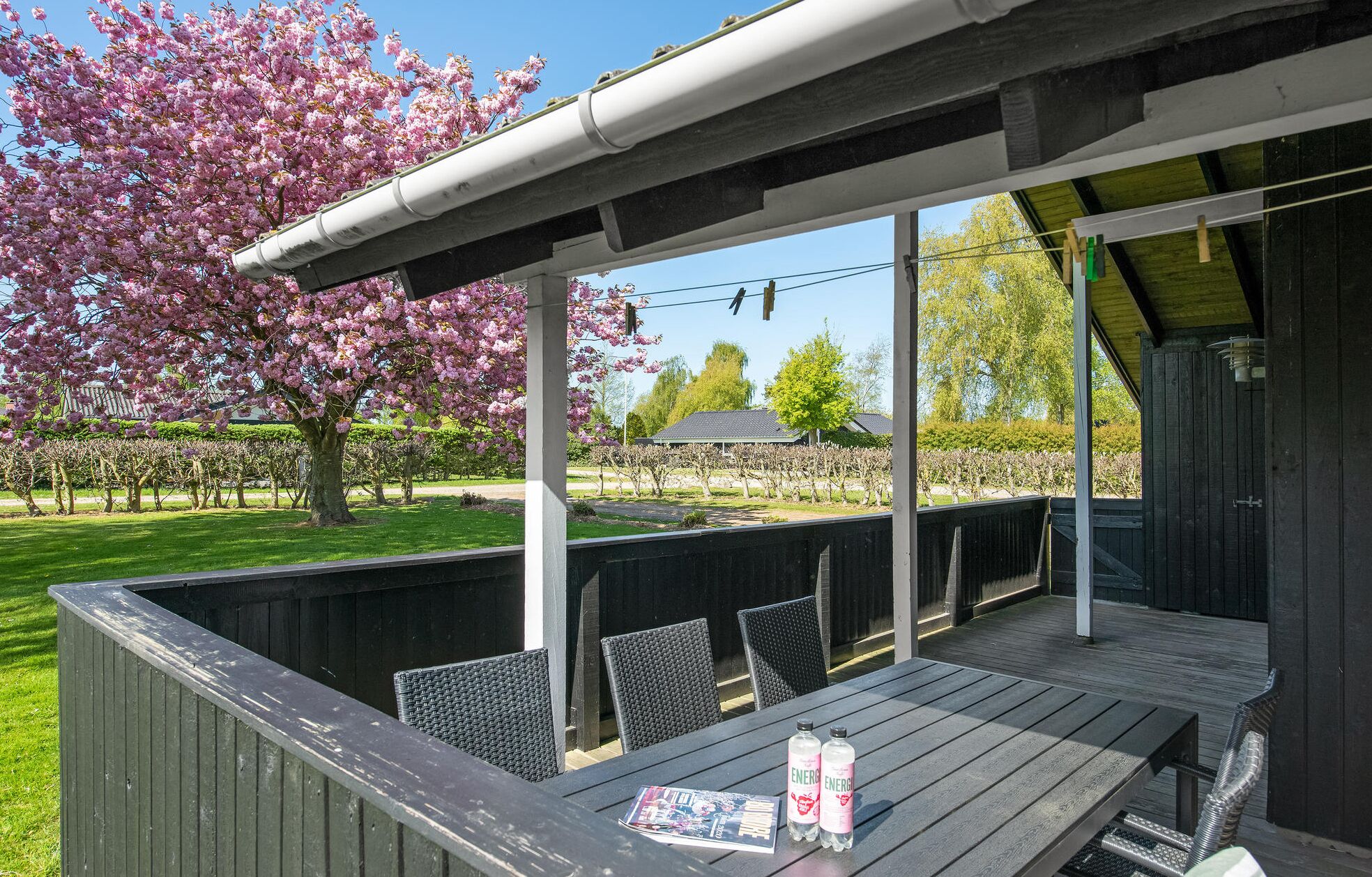 Ein überdachter Außenbereich mit Tisch und Stühlen, einer Holzterrasse und Blick auf Kirschblüten und Weinberge.