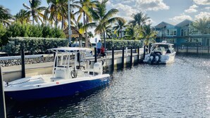 A boat docked at a pier with a clear sky and palm trees in the background. - Welcome to Paradise! (Key Largo)
