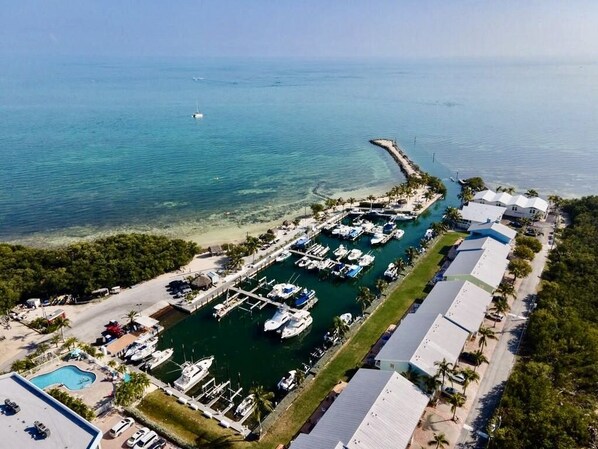 An aerial view of a marina with boats docked, a swimming pool, and buildings with a flat roof.