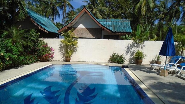 A swimming pool with a tropical leaf design, surrounded by potted plants and a small building with a green roof. - Baan Coconut (Choeng Thale)