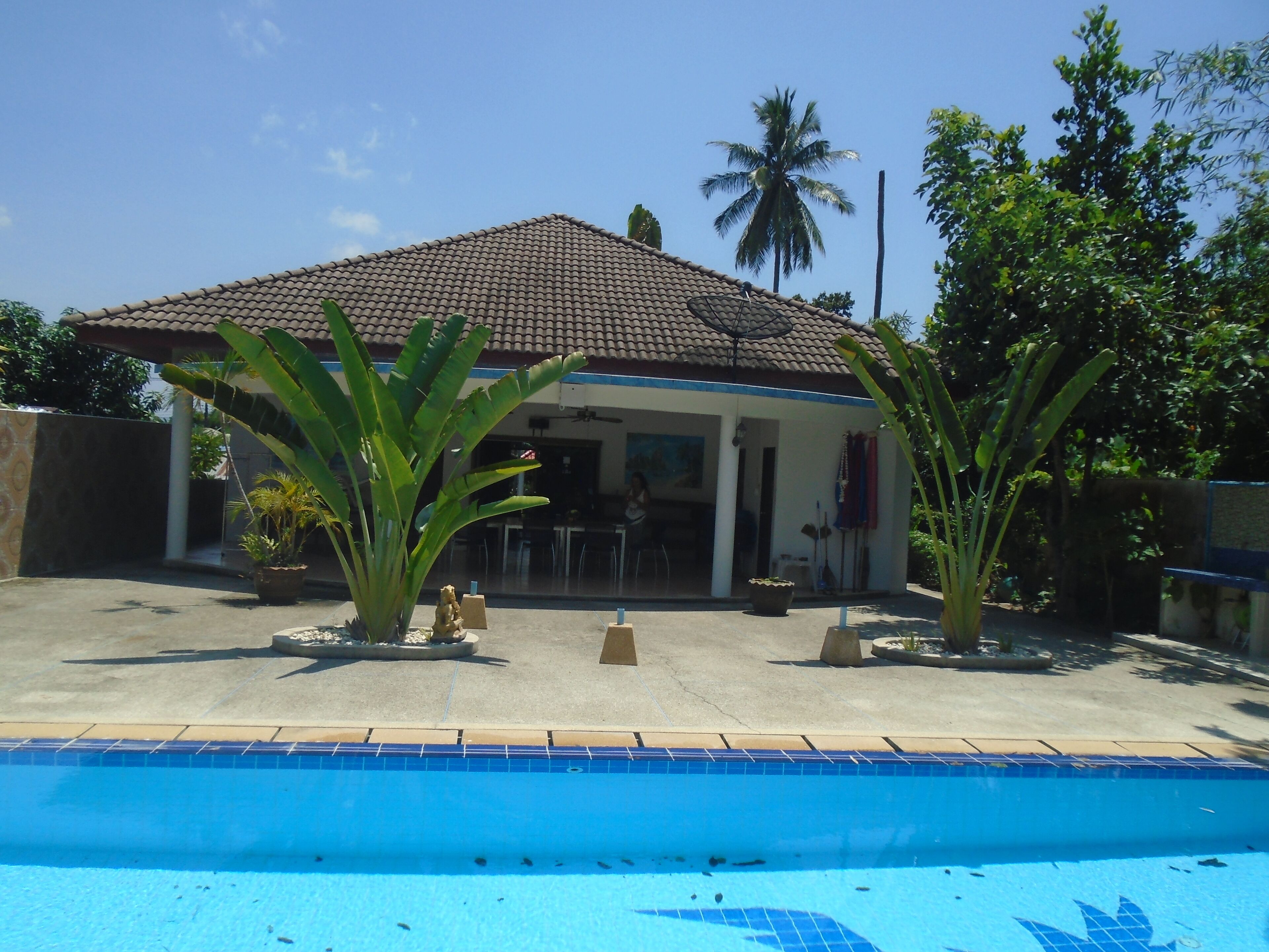 A house with a tiled roof, a swimming pool, and tropical plants.