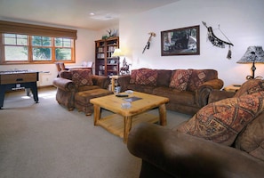 TV, fireplace, DVD player, foosball