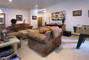 TV, fireplace, DVD player, table football