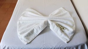 Una cama individual con cabecera de madera, una almohada blanca y una toalla doblada en forma de lazo.