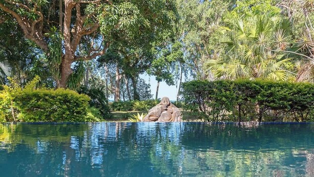 A clear swimming pool surrounded by lush greenery and trees.