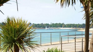 A coastal view with a palm tree, a body of water, and a distant sailboat. - Apartment in Fouesnant by Sandy Cove (Beg Meil)