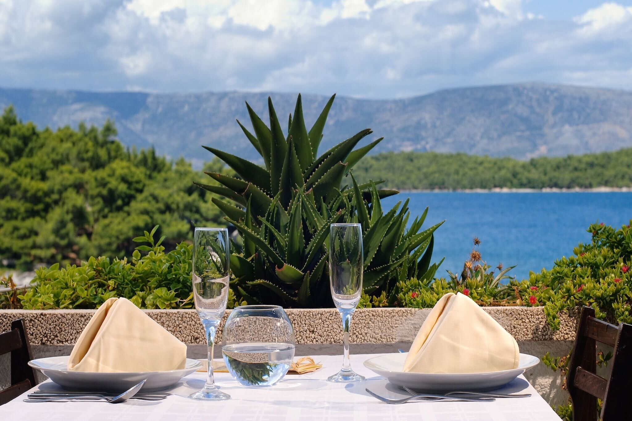 A table set for two with plates, glasses, and a bowl of water, overlooking a scenic view of a body of water and mountains.