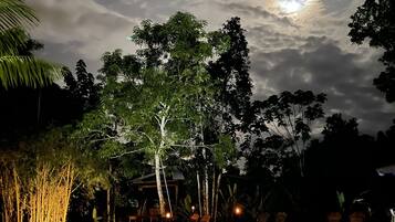 Una piscina al aire libre, tumbonas