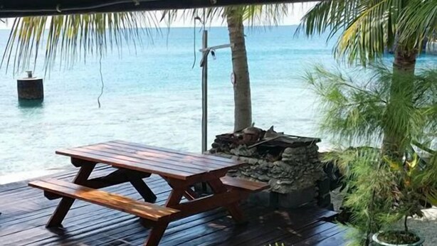 A wooden deck with a picnic table, surrounded by tropical plants, overlooking a clear blue sea. - Pension Chez Glorine (Rangiroa)
