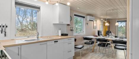 Fridge, stovetop, dishwasher, coffee/tea maker