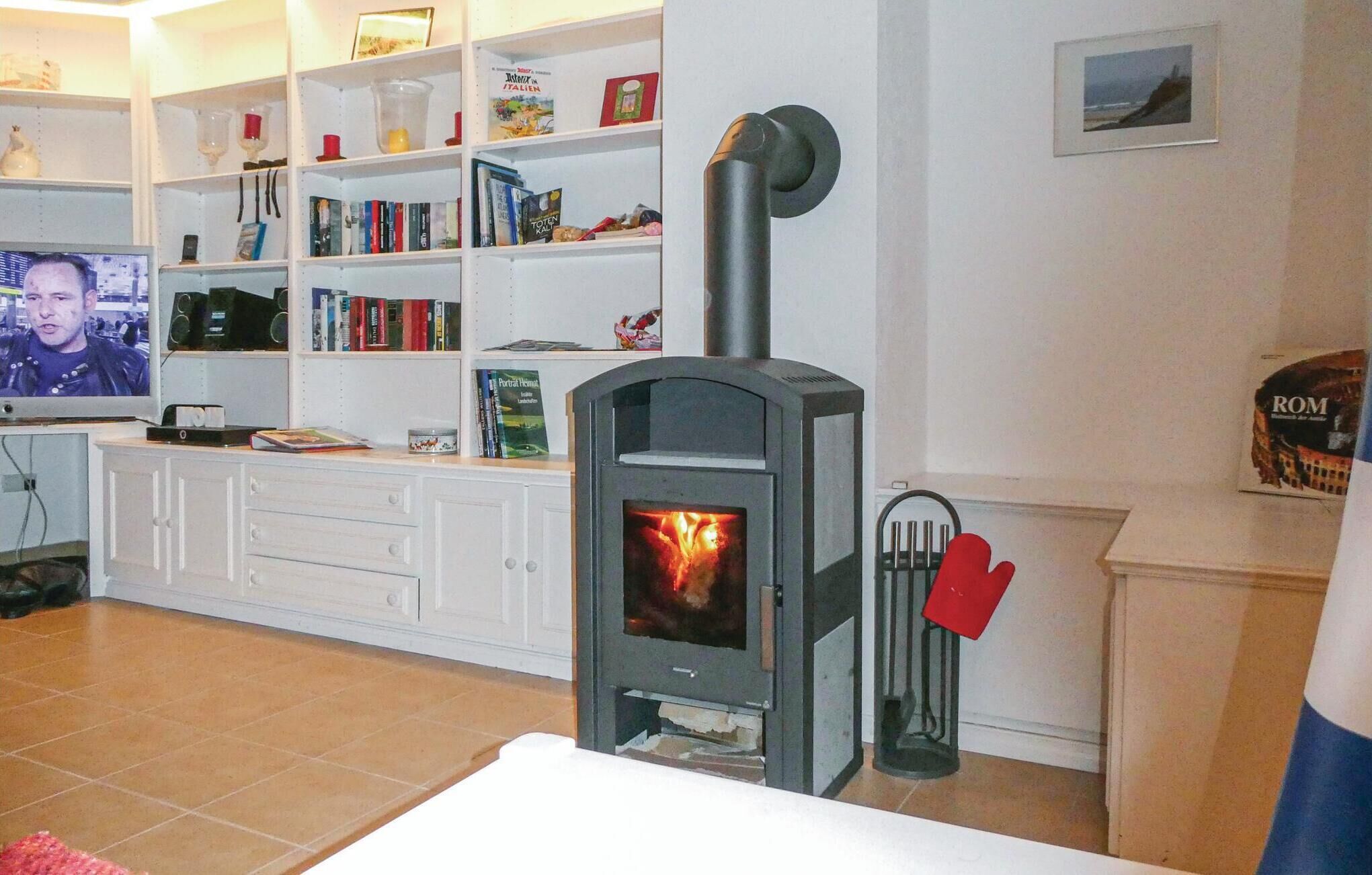 Una sala de estar con chimenea de leña, estanterías, televisor y hogar.