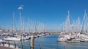 Uma marina com vários veleiros atracados em águas calmas sob um céu azul e claro.