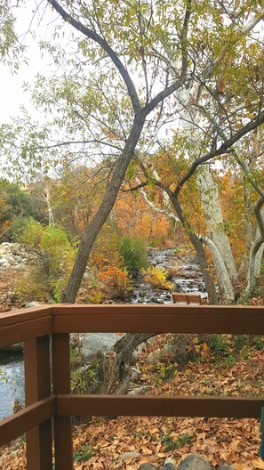 A wooden bridge over a stream with autumn foliage and rocks. -  "The Clouds River Villa " - Water front  paradise  7 miles from Sequoias Gate (Three Rivers)