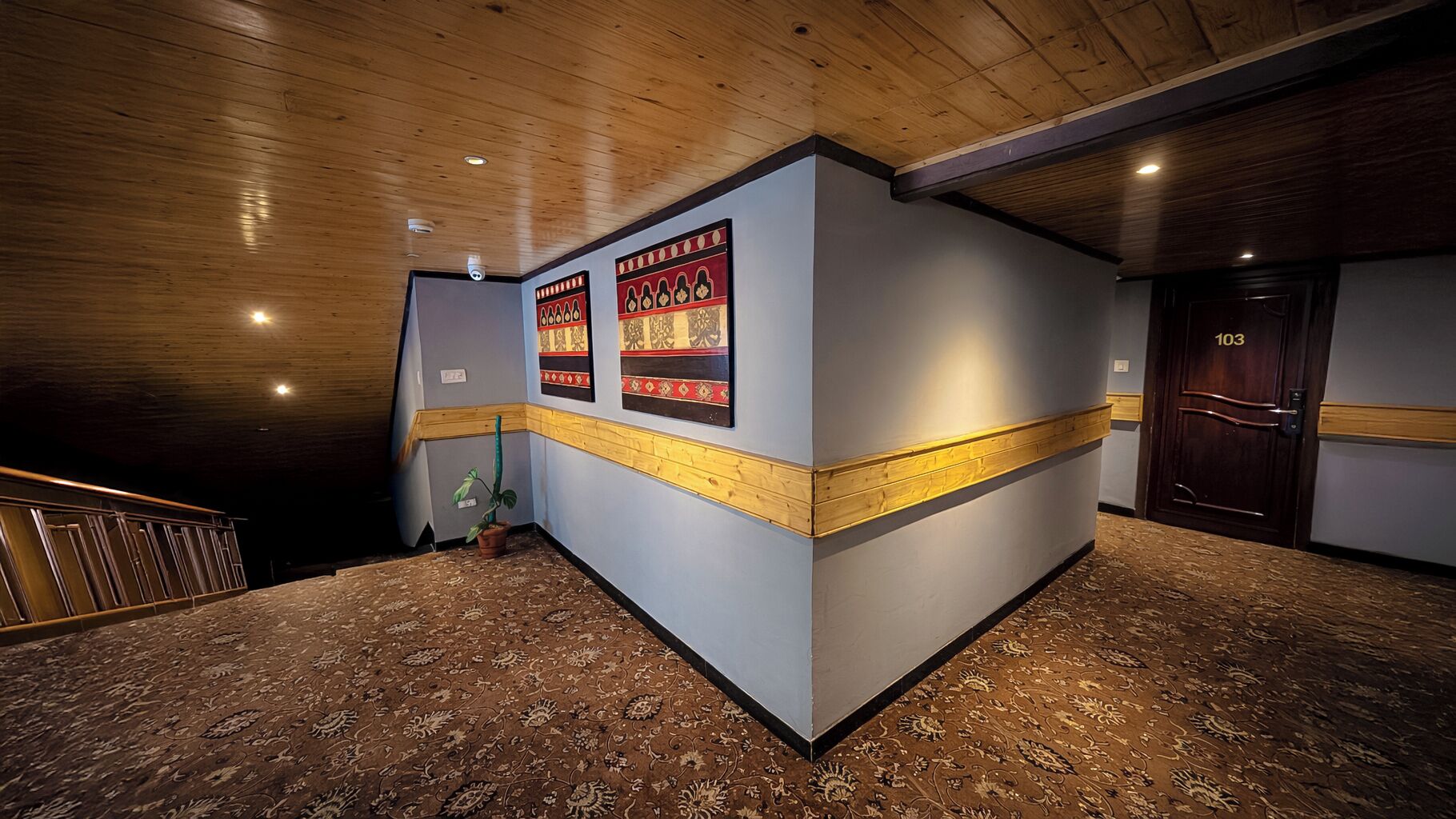 A reception area with a wooden reception desk, a potted plant, and a door labeled "103".