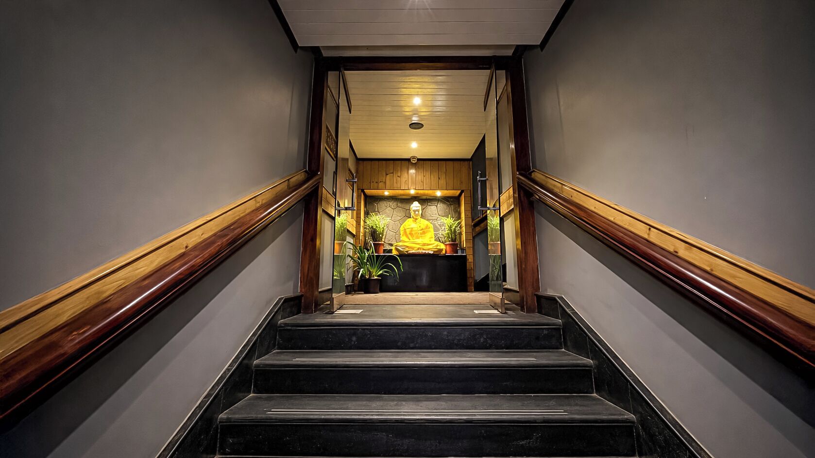 A staircase leading to a reception area with a reception desk and plants.
