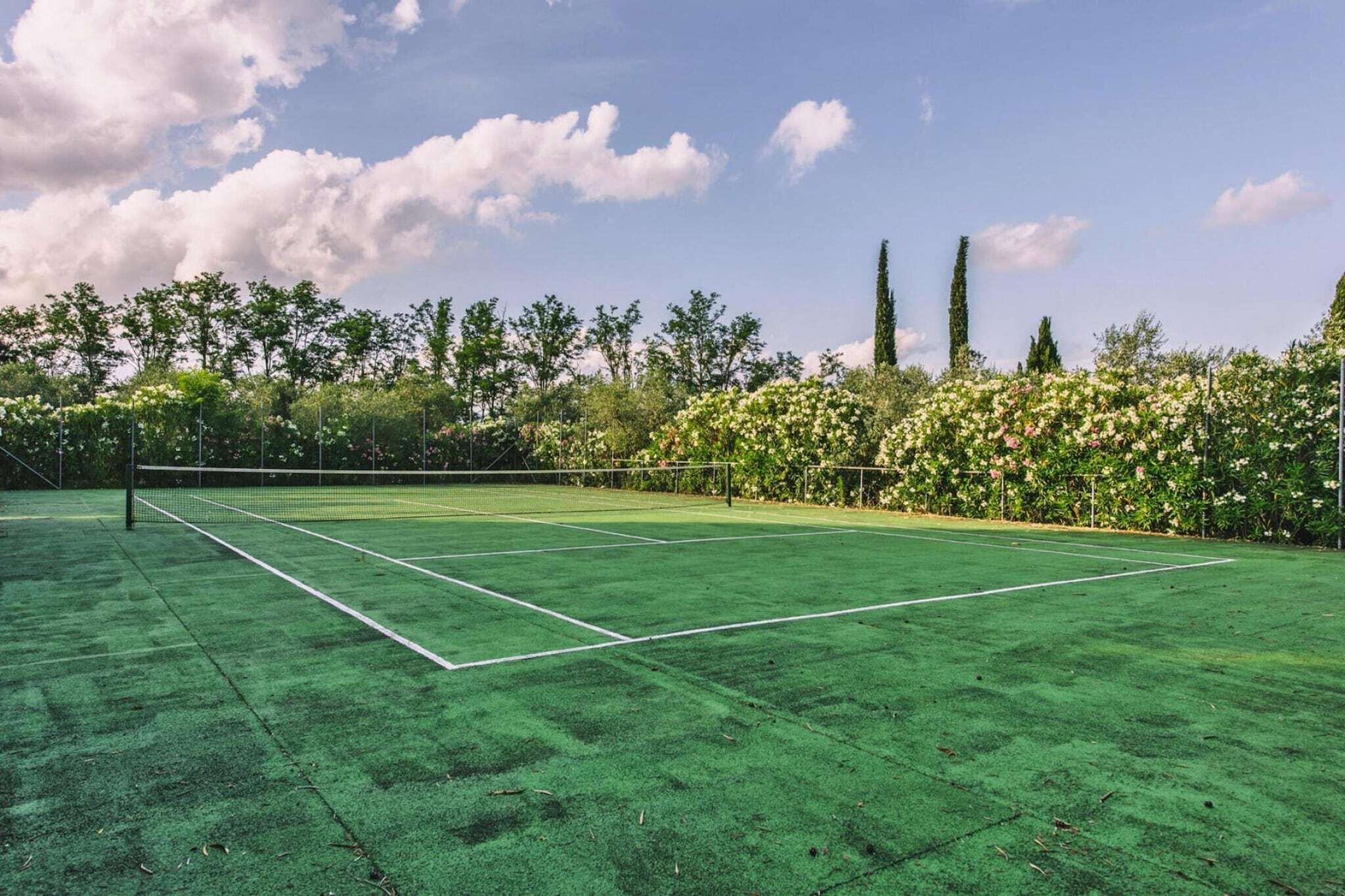 A tennis court with a green surface, surrounded by trees and flowering bushes.