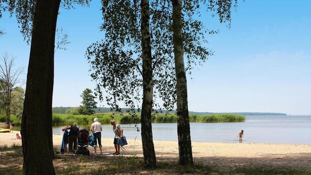 Une scène au bord d’un lac, avec des personnes près de l’eau, des arbres et une plage de sable.