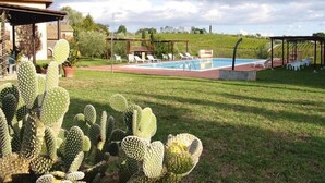A pool area with sun loungers and a cactus garden. - Agriturismo Poggio al Sole, Vinci (Vinci)