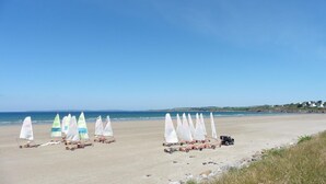 Une plage où de nombreuses planches à voile sont alignées sur le sable, un véhicule noir garé à proximité, et un ciel bleu dégagé.