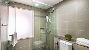 Et moderne badeværelse med brusekabine i glas, toilet og håndvask med en potteplante.