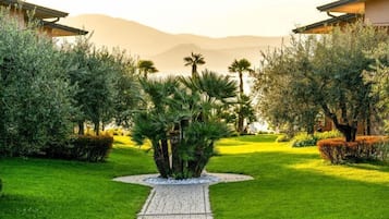 Un jardin bien entretenu, avec un chemin central menant à un bâtiment, le tout entouré d’une végétation luxuriante et de palmiers.