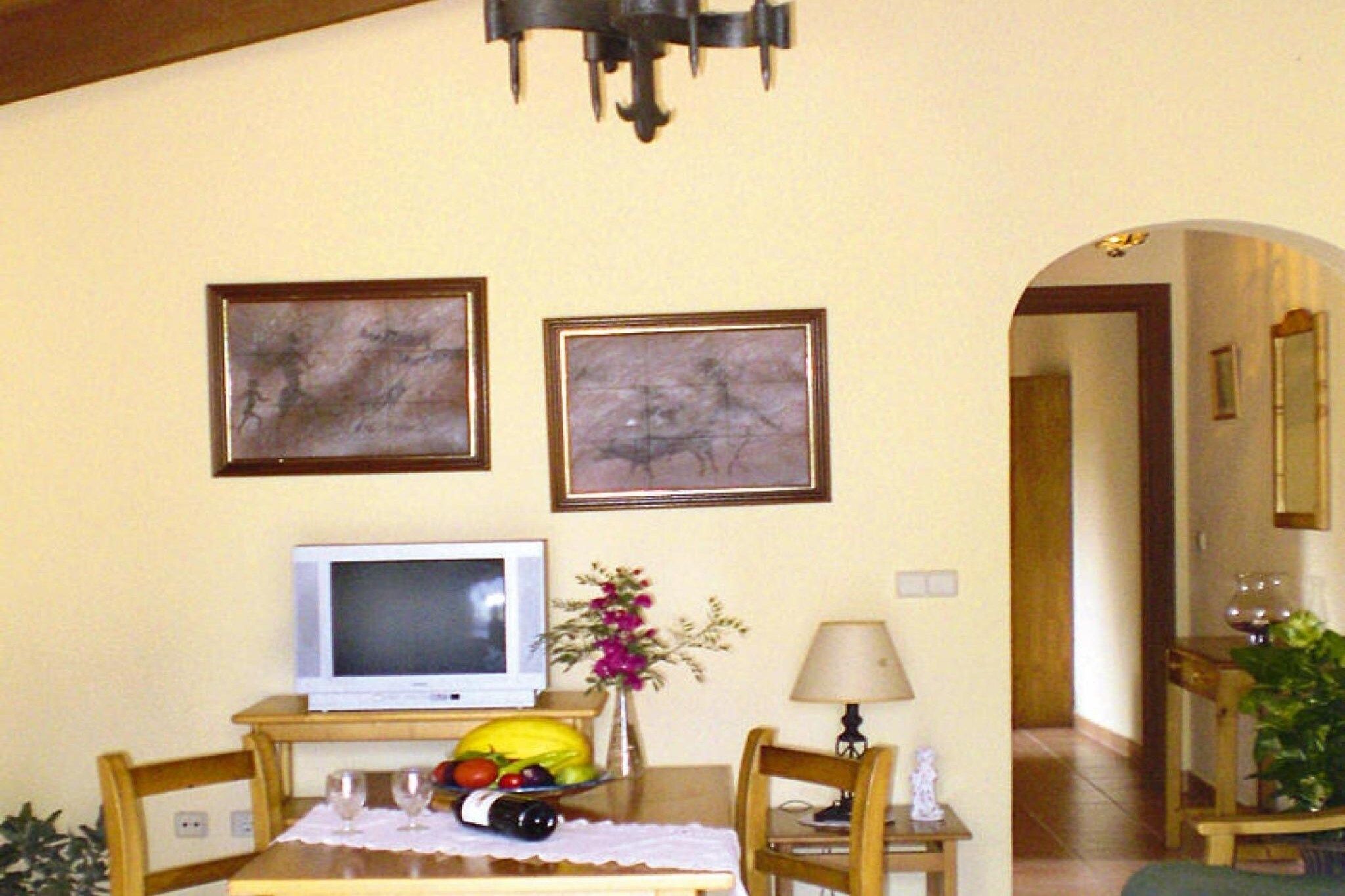 Ein Essbereich mit Tisch, Stühlen, einem Fernseher, einer Blumenvase und gerahmten Bildern an der Wand.