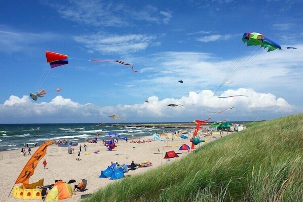 Guests can enjoy a lively beach scene with kites flying overhead and a lively atmosphere.