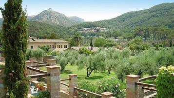 Eine Villa mit Garten, im Hintergrund ein Berg und ein klarer Himmel.
