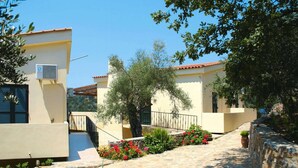 A courtyard with a stone pathway, a small garden with red flowers, and a building with a tiled roof. - Romantic Holiday Home in Drosia (Drosia)