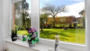 A window with a view of a garden, a small potted plant, and a decorative lantern. - Gemütlicher Bungalow Kabeljau in Dornumersiel (Dornumersiel)