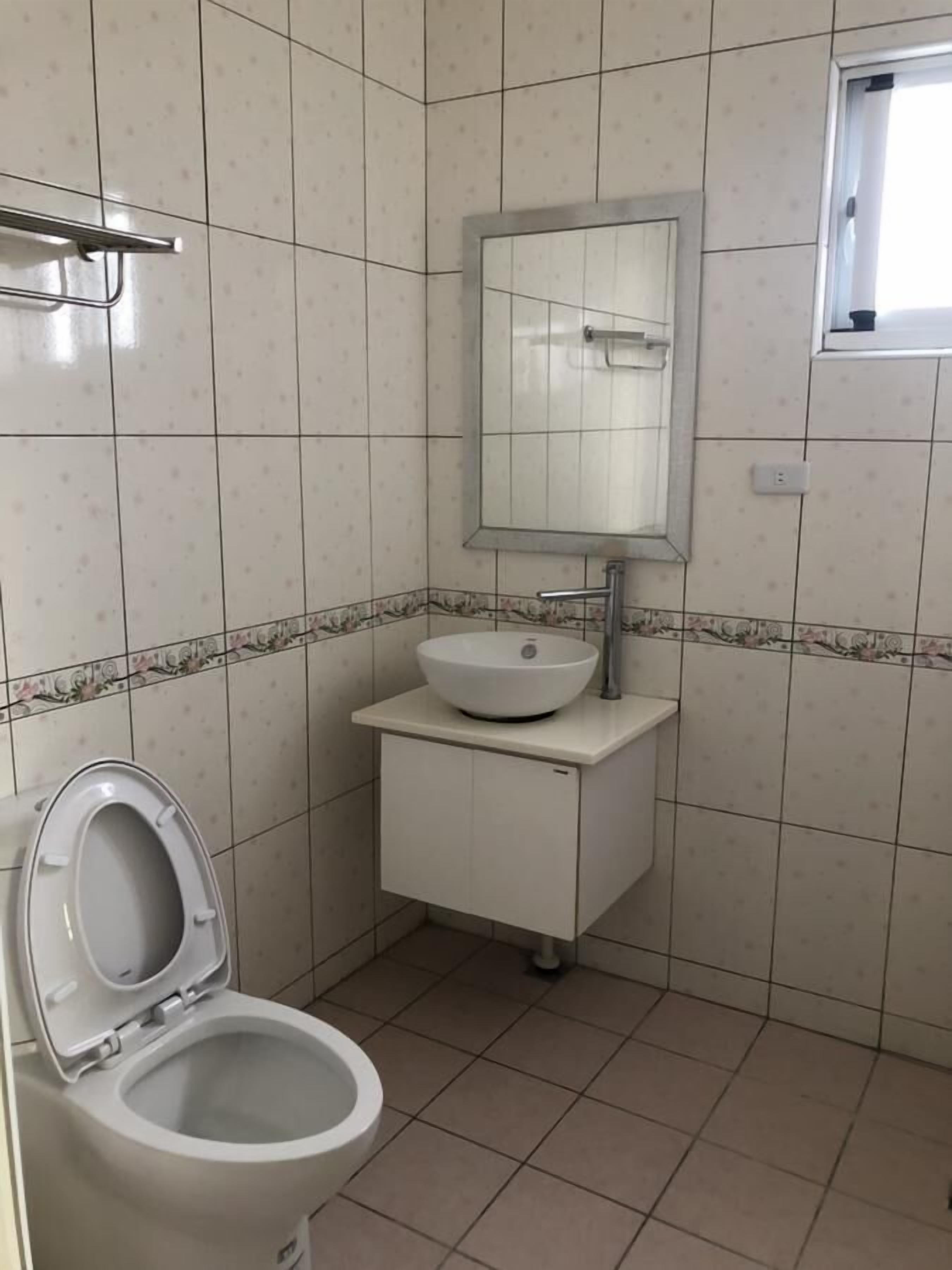 Un bany petit amb vàter, un lavabo amb mirall a la part superior i parets de rajola.