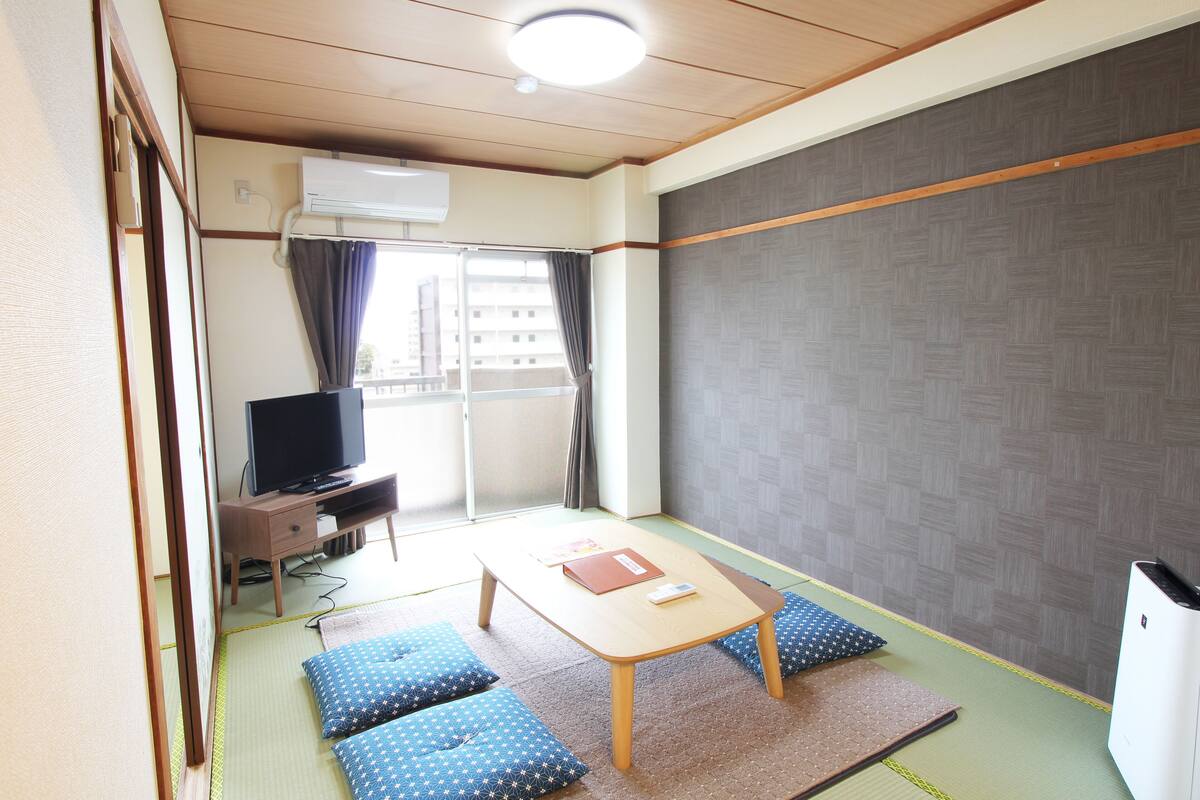 A room with tatami mats, a low table, cushions, a television, and an air conditioning unit.