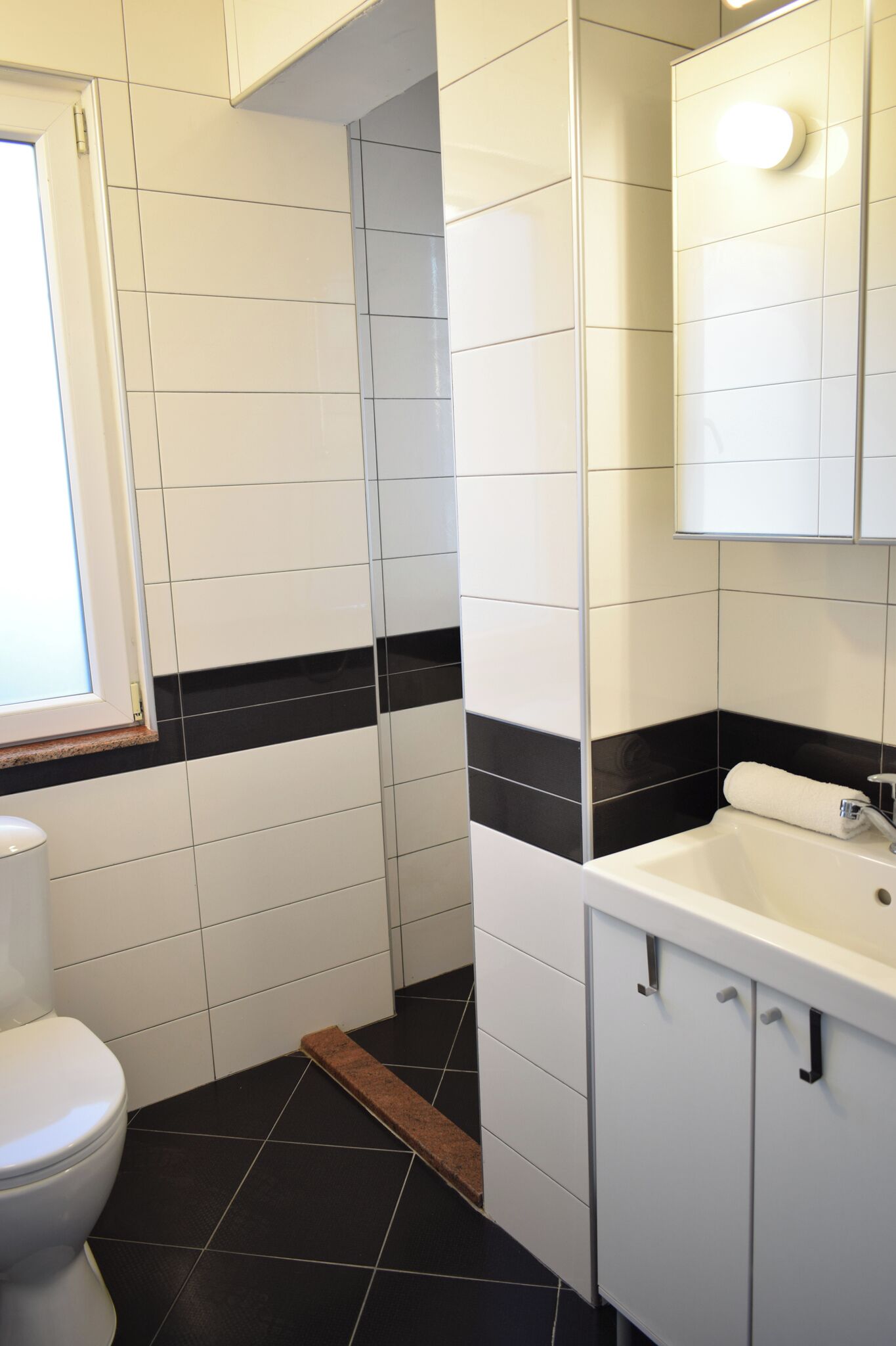 A bathroom with white and black tiles, a white toilet, a sink with a mirror, and a window.