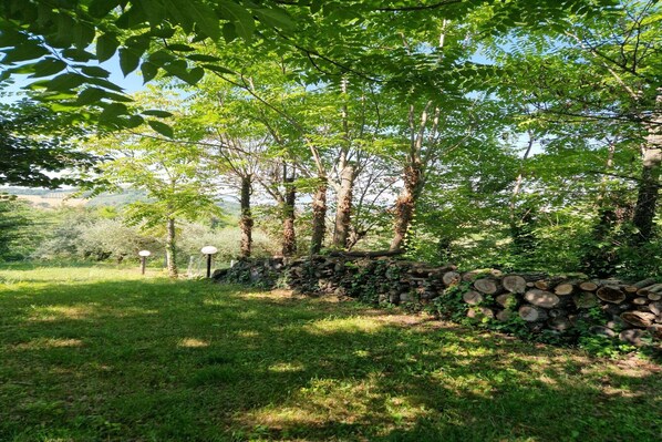 A stone wall with logs, surrounded by trees and grass. - Marken Holiday home with pool (Montemaggiore al Metauro)