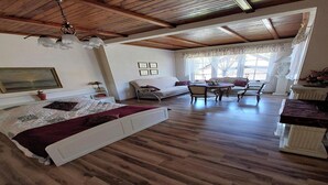 A spacious room with a wooden ceiling, a bed, a sofa, a dining table with chairs, and a window with a view. - Holiday Home in Misdroy near Baltic Sea (Miedzyzdroje)