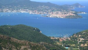A coastal town with buildings along the shoreline, a small island with a dock, and a mountainous backdrop.