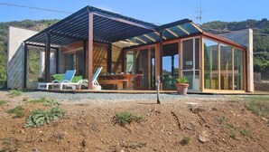 A modern house with a covered patio, large windows, and a dining area.