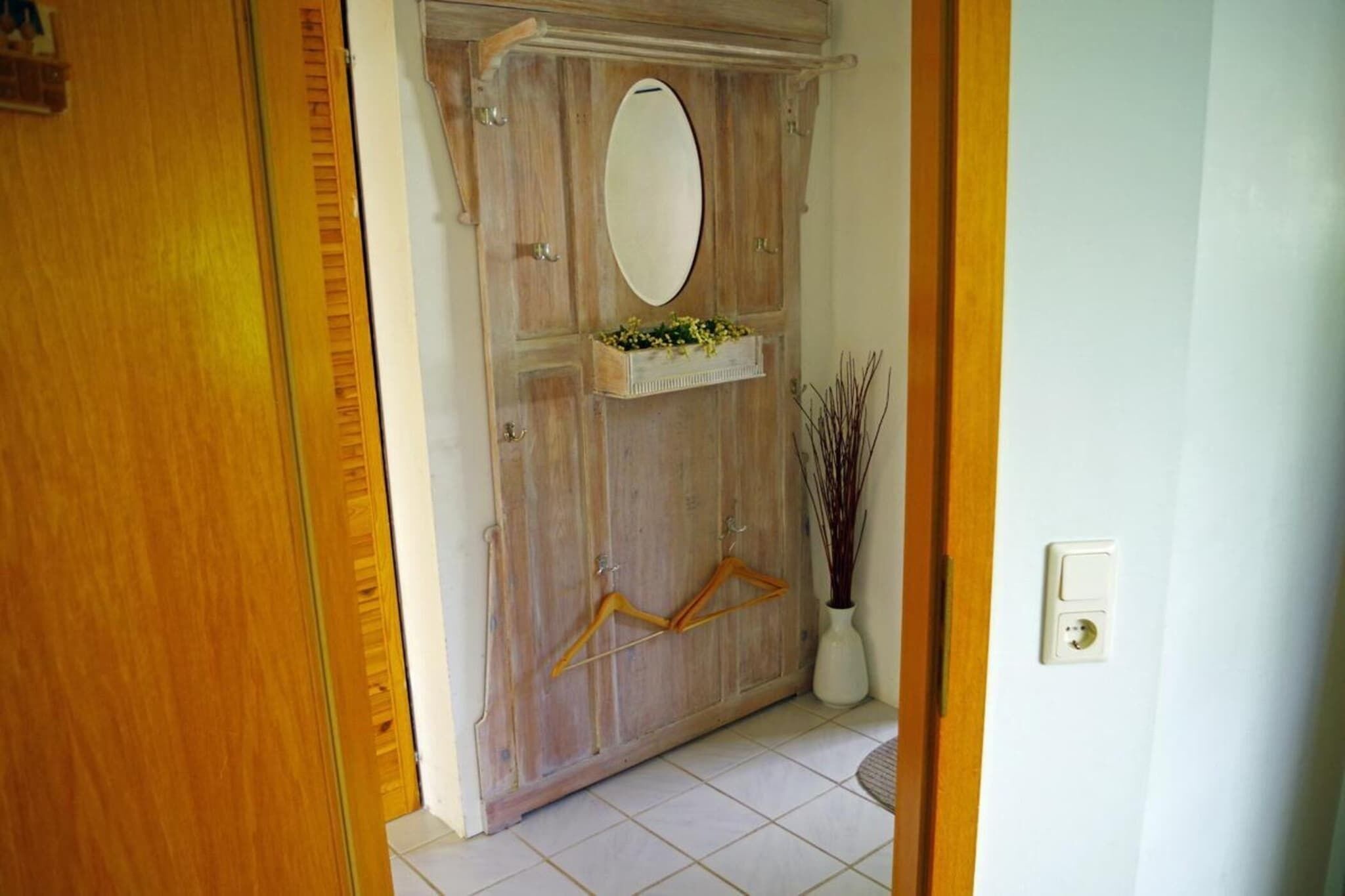 Eine Holztür mit Spiegel, einer hängenden Pflanze und einem wandmontierten Lichtschalter.