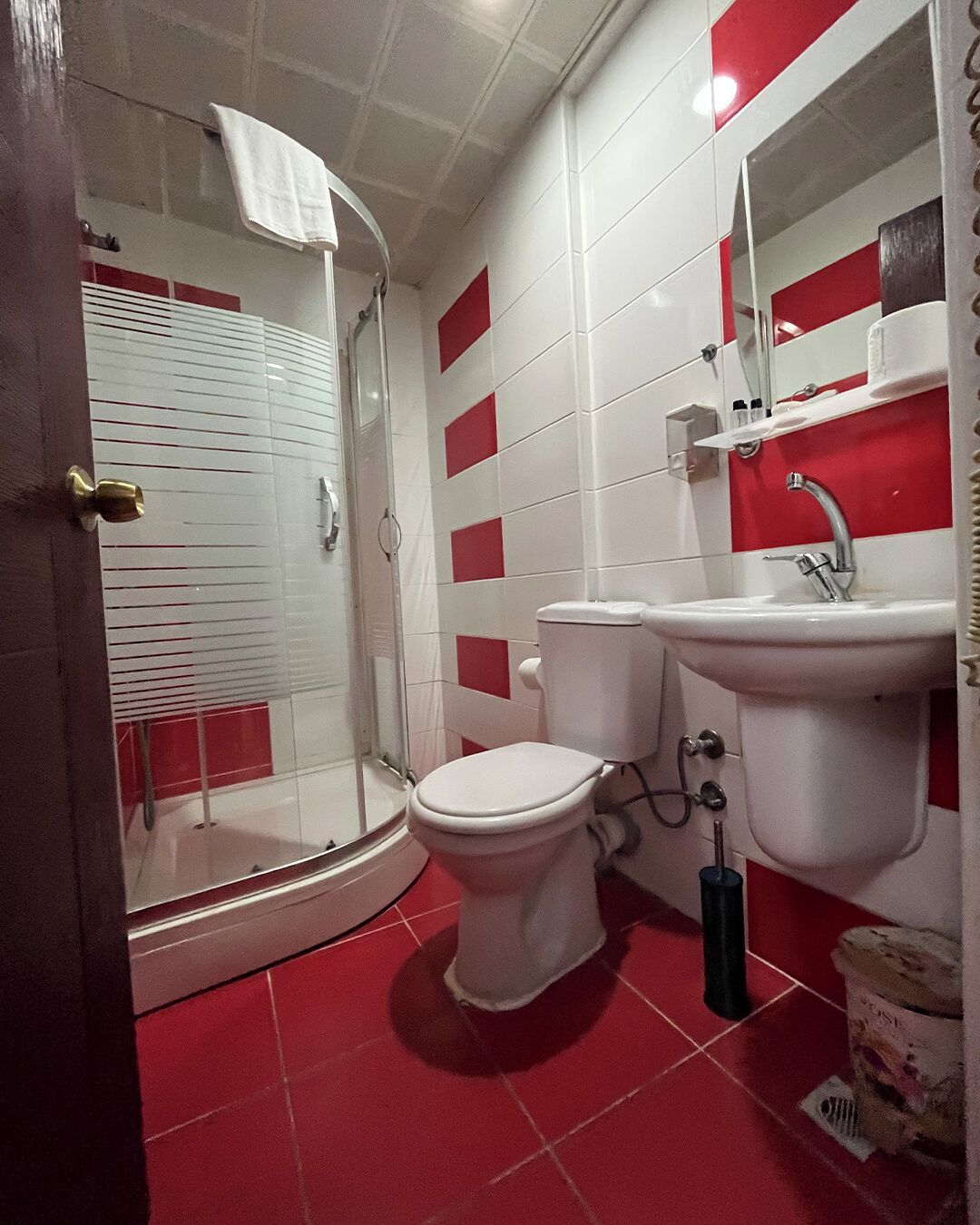 A bathroom with a shower, toilet, and sink.