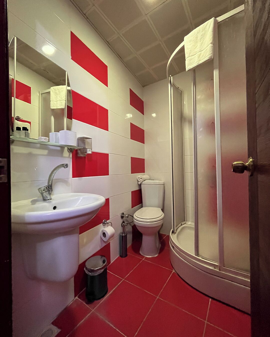 A bathroom with a sink, toilet, and glass-enclosed shower.