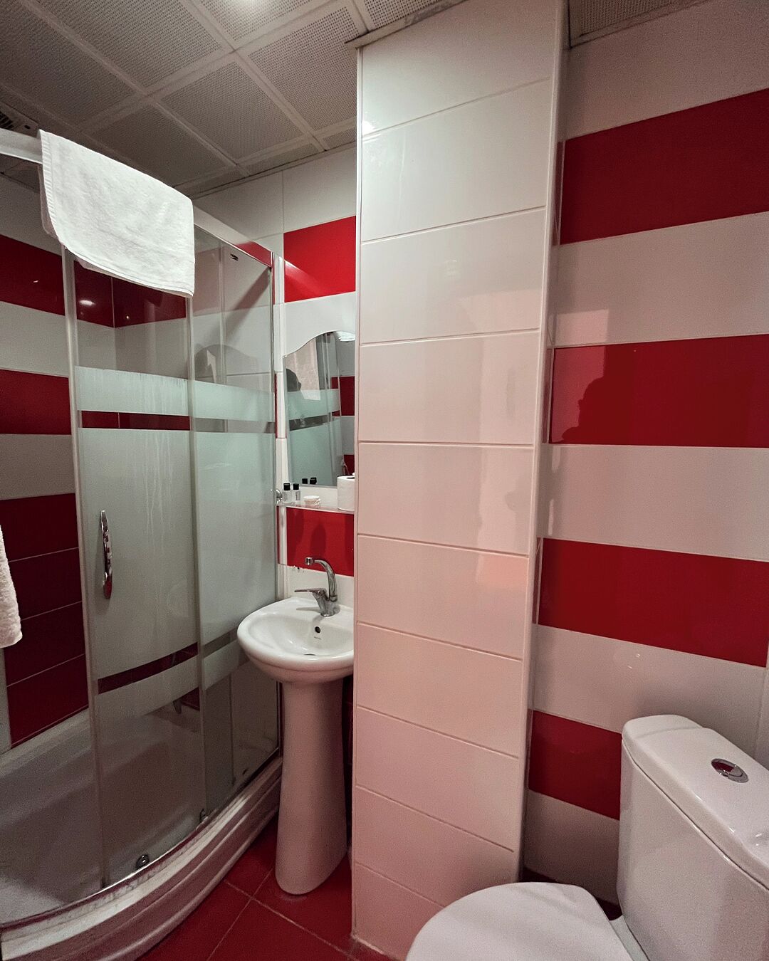 A bathroom with a glass shower enclosure, a sink, and a toilet.