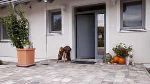 A modern house with a grey door, a large potted plant, and a small wooden stool outside.