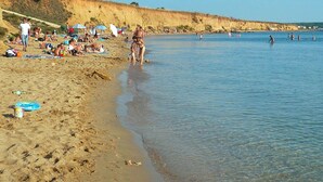 Une plage où des gens se prélassent au soleil et se baignent.