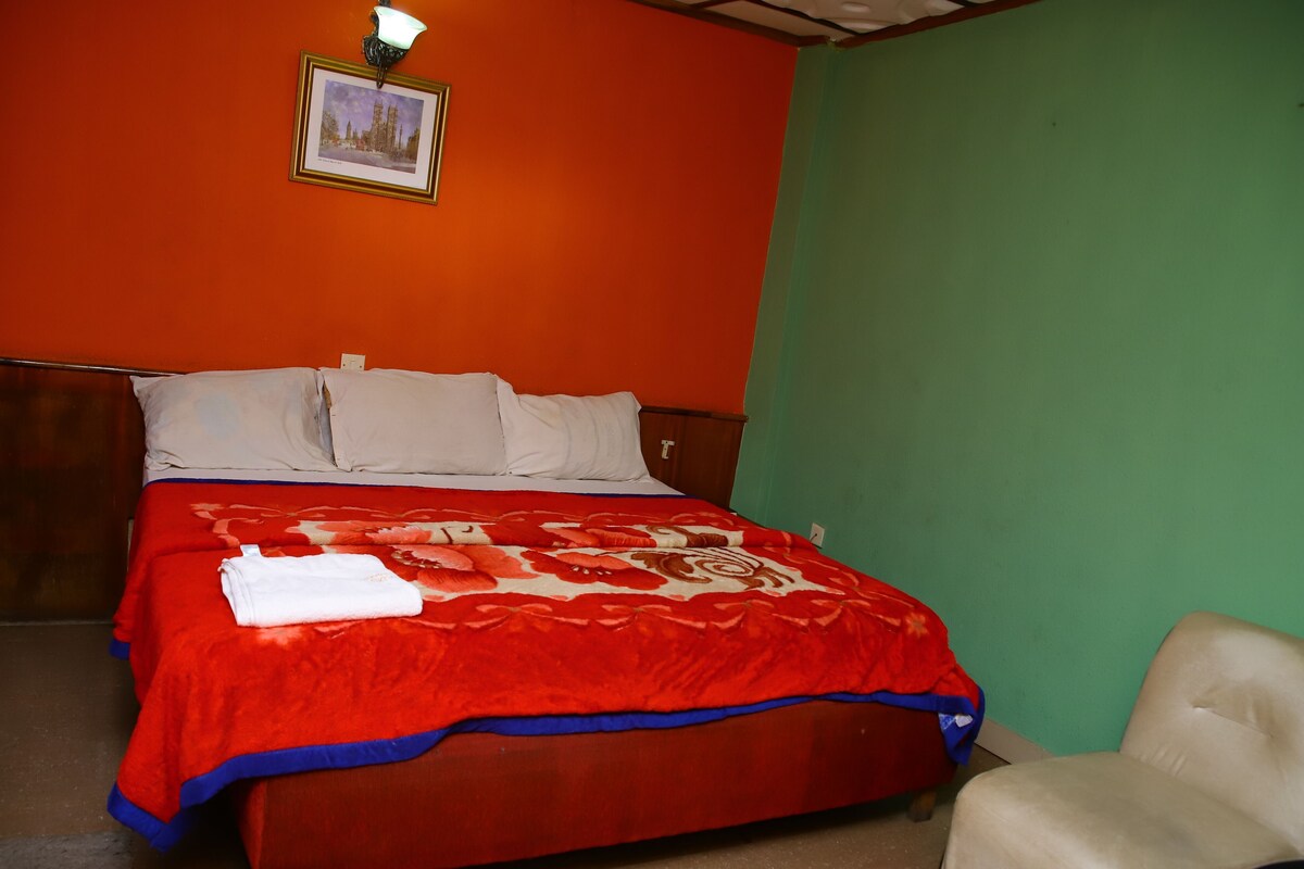 Un letto con copriletto rosso e blu, cuscini bianchi e un quadro appeso al muro.